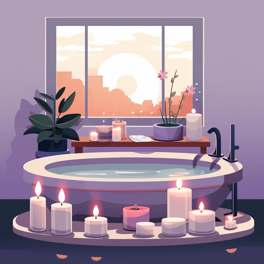 A bathroom with lit scented candles and essential oils