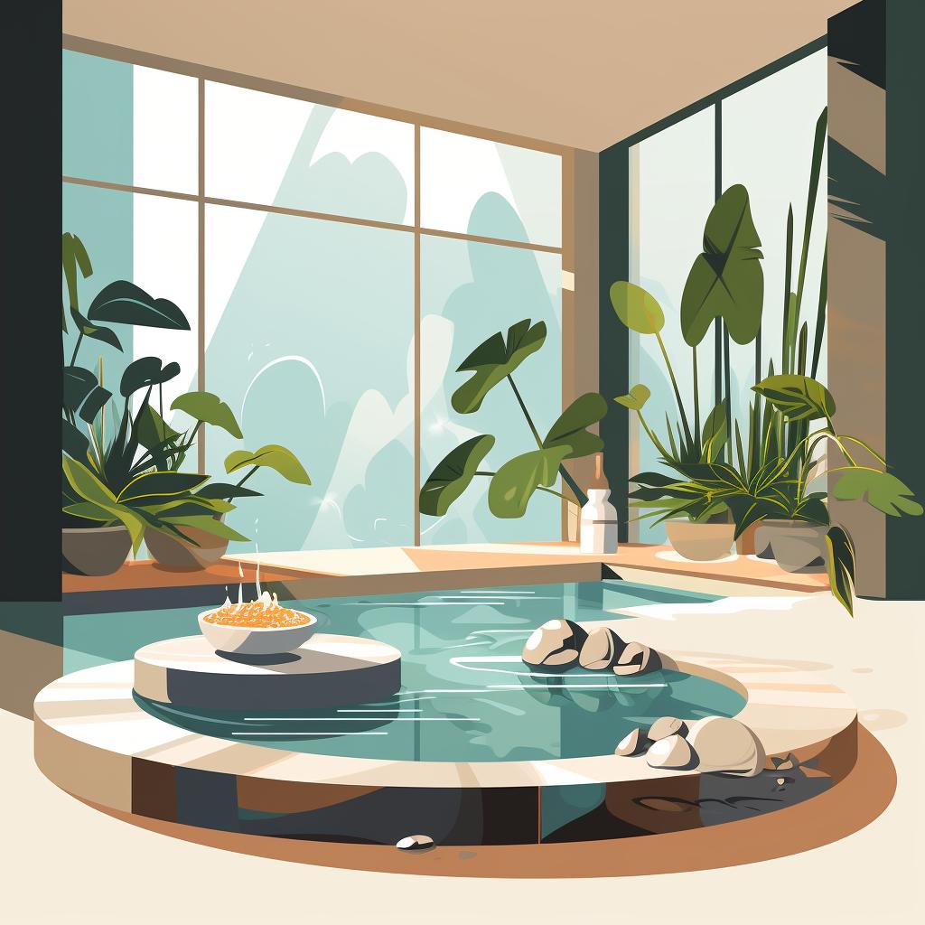 A spa room with indoor plants and a water feature